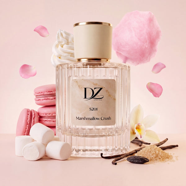 DZ Extrait de Parfum S201 Marshmallow Crush mit Erdbeer-Duftnoten, cremig und süß, in eleganter Flasche.