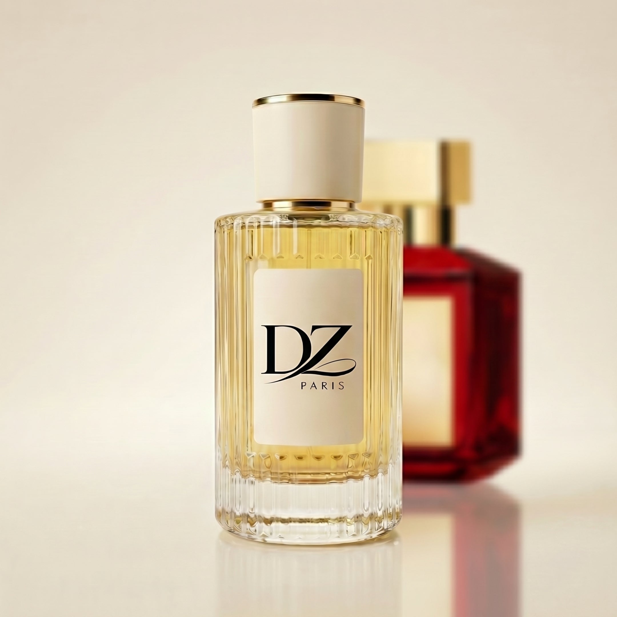 DZ U7 Baccarat Fire Extrait de Parfum Flakon mit goldenem Design und eleganter Verpackung, stilvoll präsentiert.