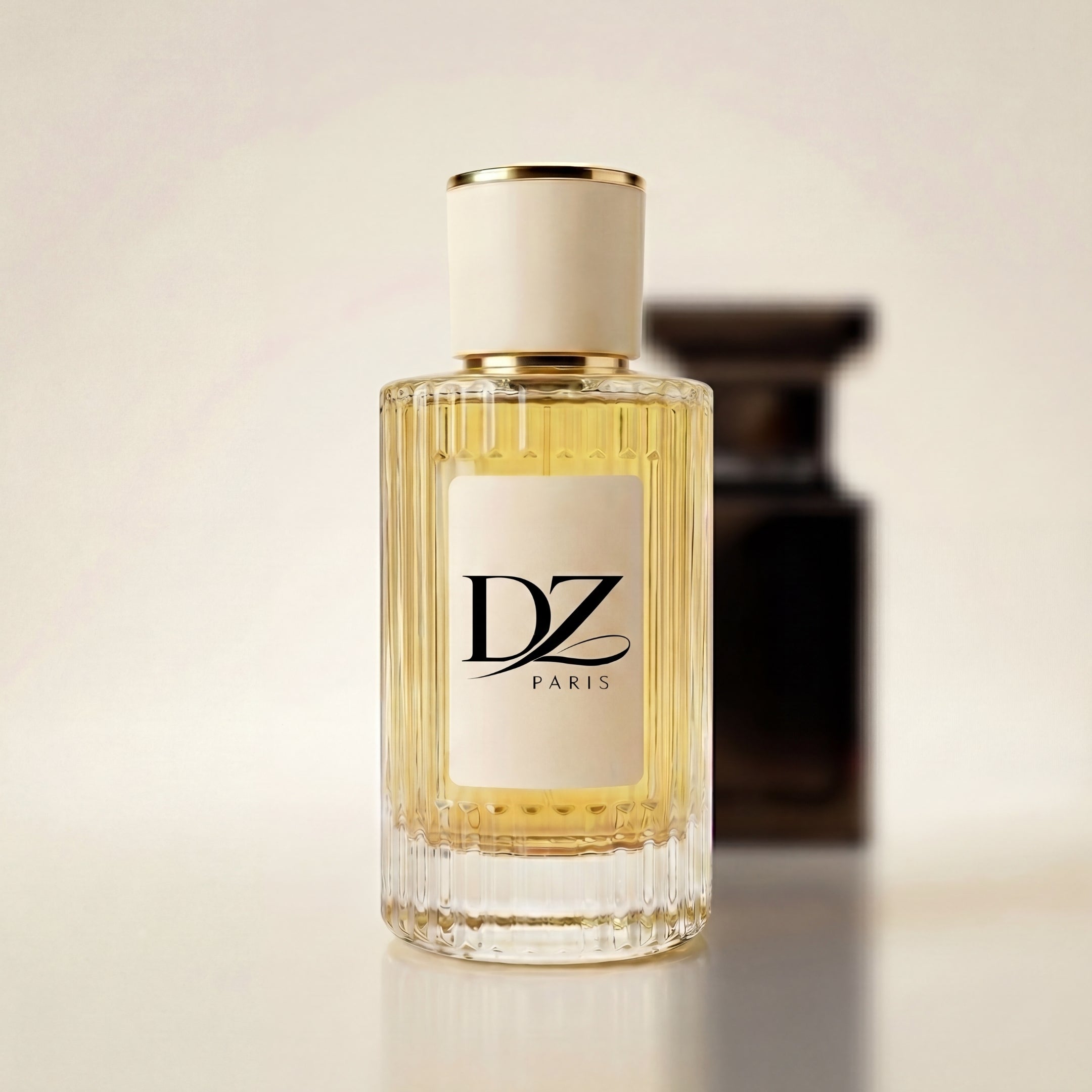 DZ U44 Noir Intense Extrait de Parfum Flakon auf einem stilvollen Hintergrund, zeigt den schwarzen Parfümflakon.