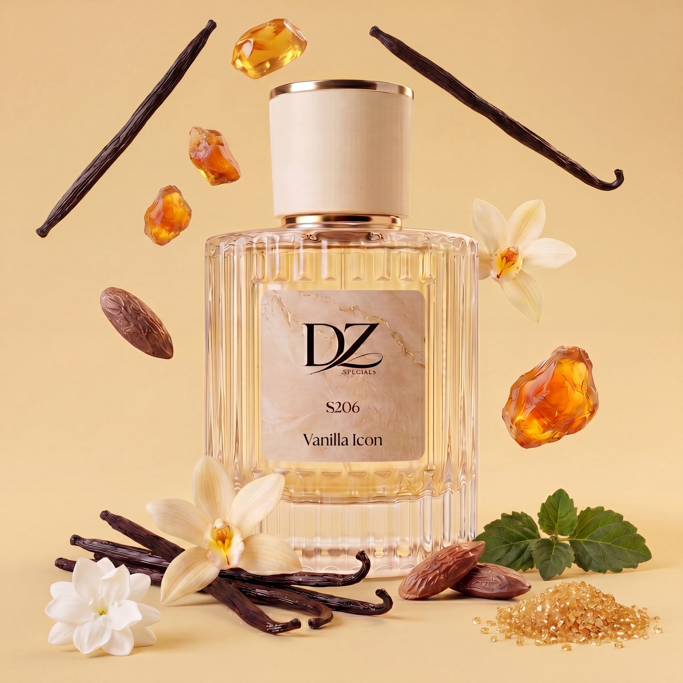 Duftnoten von S206 Vanilla Icon: Vanilleorchidee, Jasmin, Tonkabohne, brauner Zucker, Amberholz und Moschus — cremig-orientalischer Gourmand.